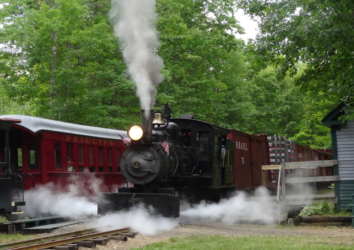 Sandy River and Rangeley Lakes Railroad at Philips Maine. Monson #3 under steam and another NGPF project helping two-foot narrow gauge.